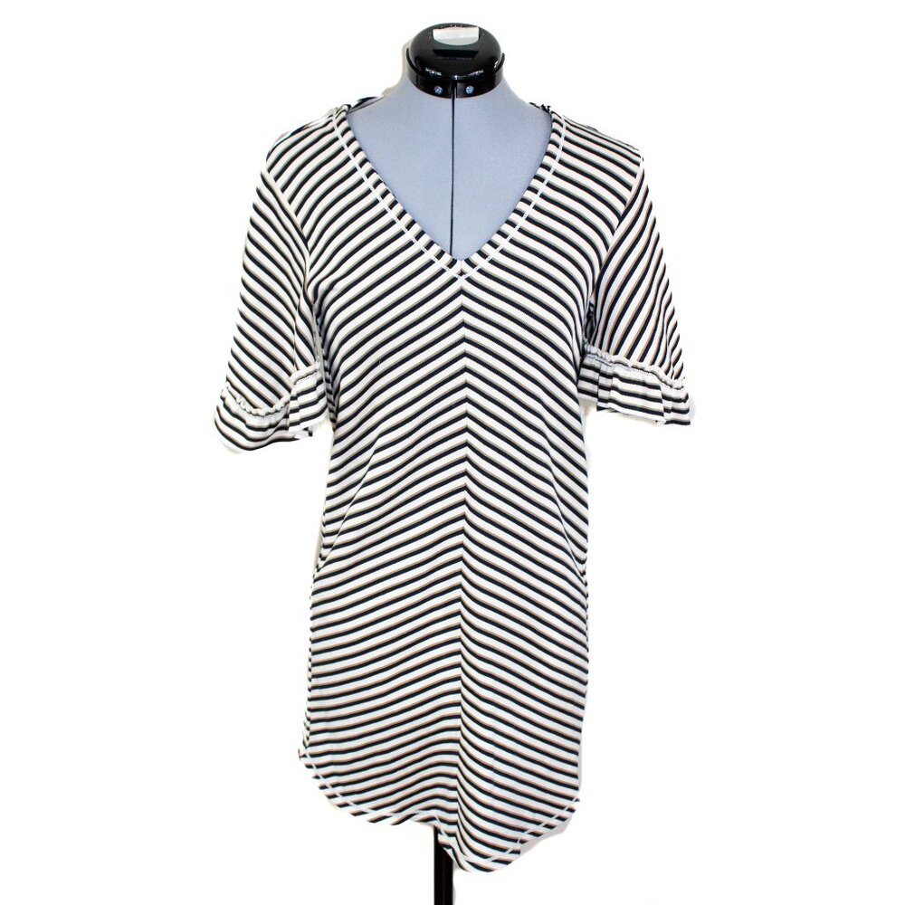 SEE BY CHLOE XS Cream Brown Striped Mini Dress Knit Flounce Sleeve Preppy Casual